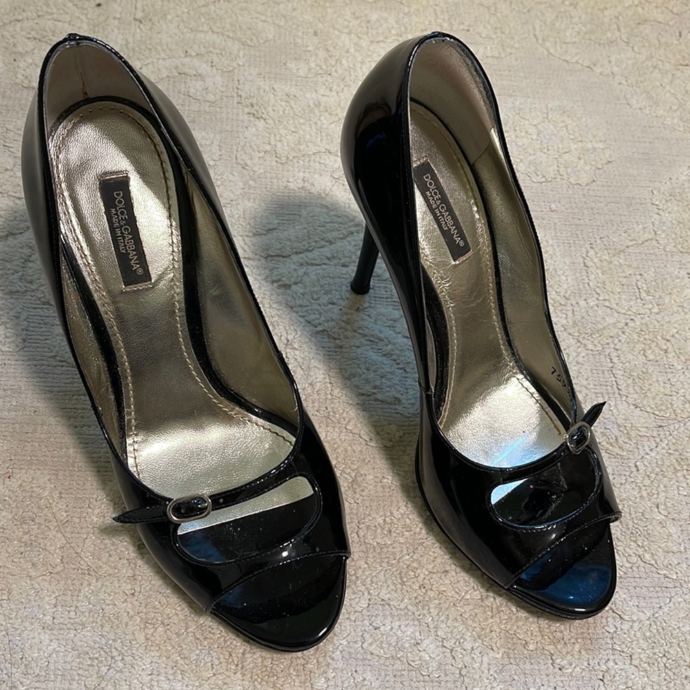 DOLCE & GABBANA Black Patent Peep Toe Heels Pumps Stilettos